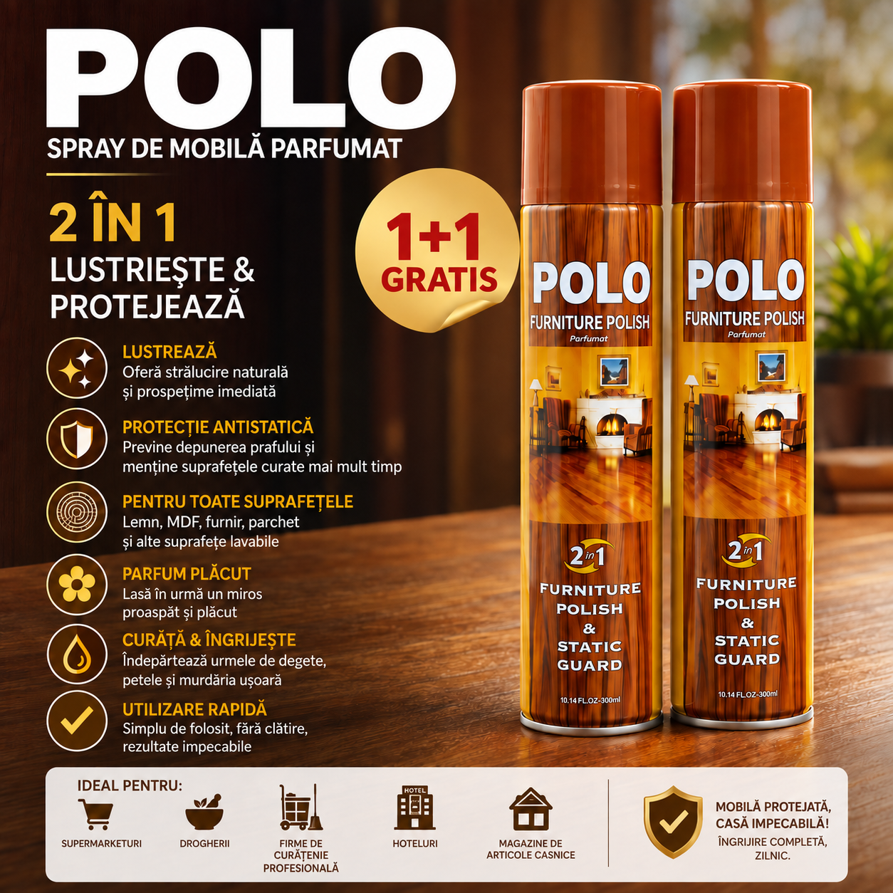 Spray de Lustruit Mobila și Parchetul   POLO™  1+1 GRATIS